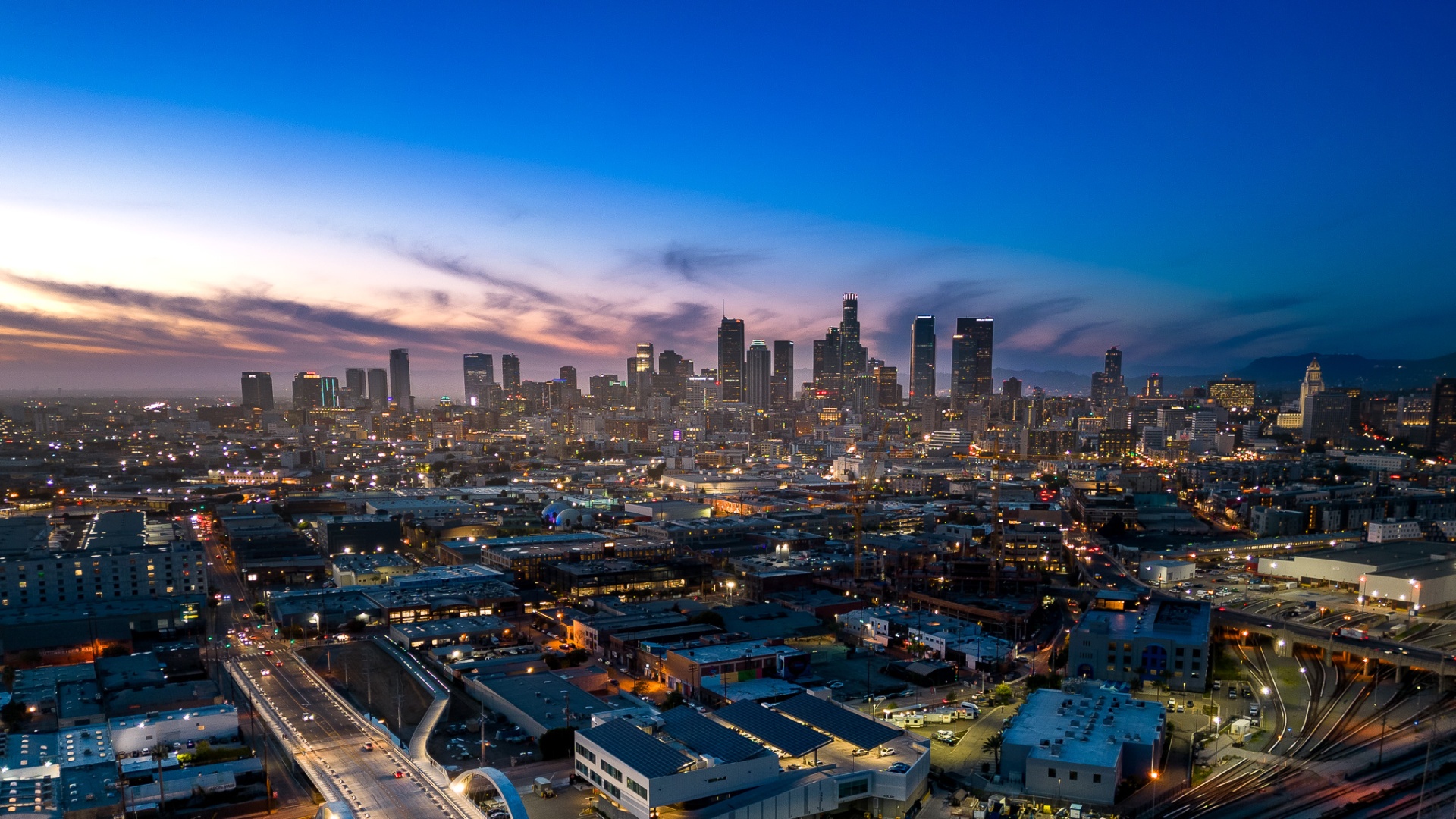 Downtown Los Angeles skyline at sunset